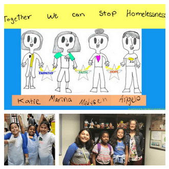 Kids Volunteer San Diego | A child's drawing that reads "Together we can stop homelessness"; Three girls with hair nets and aprons on, volunteering at Father Joe's Villages; Three girls meeting Communications Director Julie Dede at Father Joe's Villages.