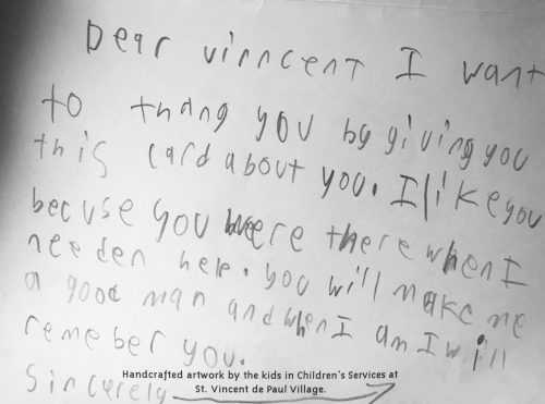 Tutoring Programs | The card from the child reads: "Dear Vinncent I want to thang you by giving you this card about you. I like you because you were there when I needed help. You will make me a good man and when I am I will remember you.