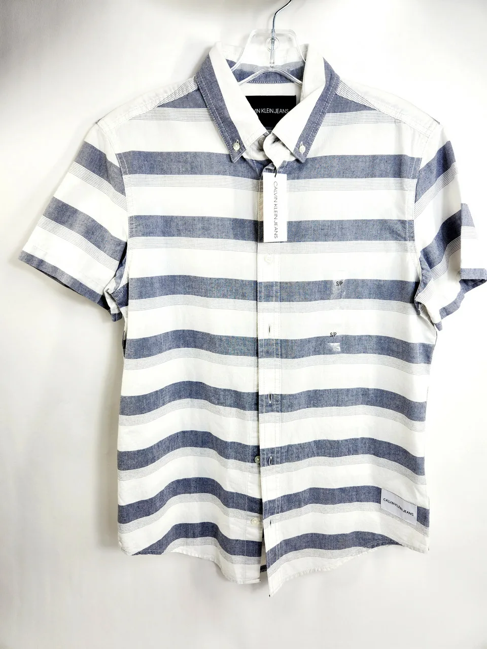 CALVIN KLEIN Men's Short-sleeve Button-down Shirt, White and Blue Stripes,  Size S - Father Joe's Villages