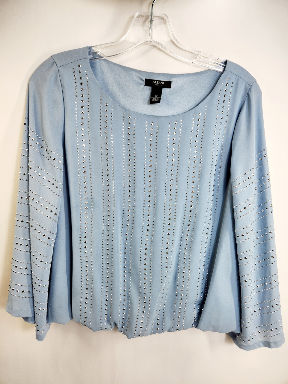 ALFANI Petite Long-sleeve Blouse with Silver Studs, Blue, Size 4P