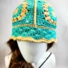 Crochet Knit Hat, Teal and Gold Circles Design - Image 4