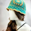 Crochet Knit Hat, Teal and Gold Circles Design - Image 2