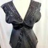 EXPRESS Beaded Silk Top, Black, Size 2