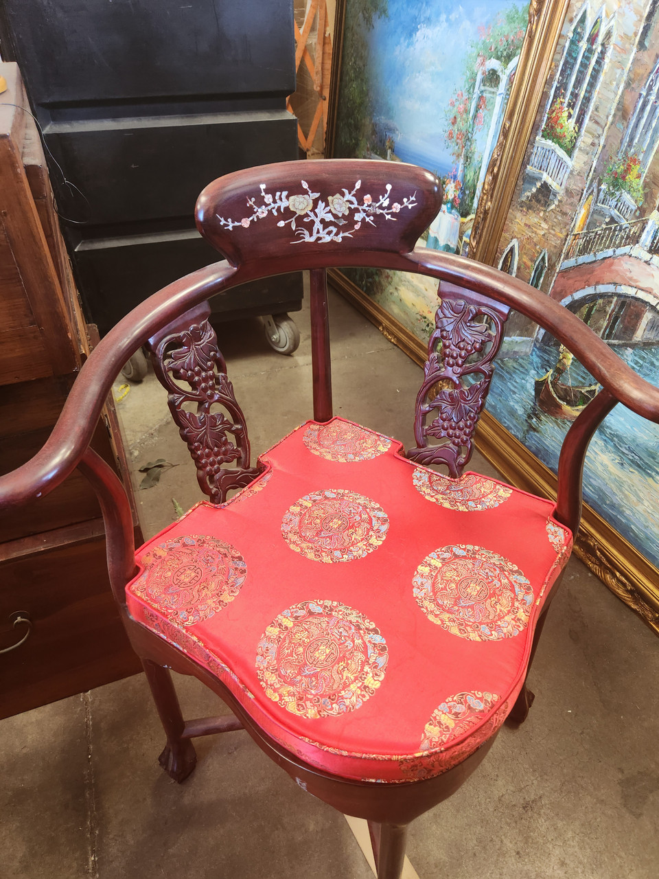 Vintage Rosewood Corner Chair with Mother of Pearl Accents (Pickup Only) Father Joe's Villages