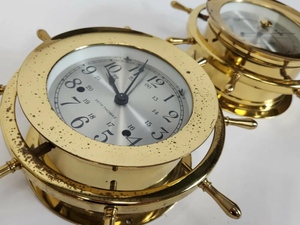SETH THOMAS Vintage Brass Barometer and Clock Set