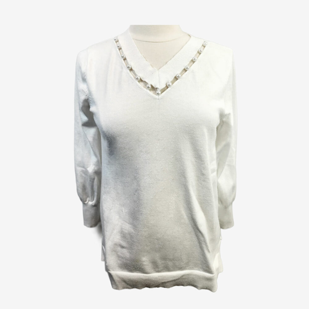 White cotton v-neck sweater with faux pearls, women's M
