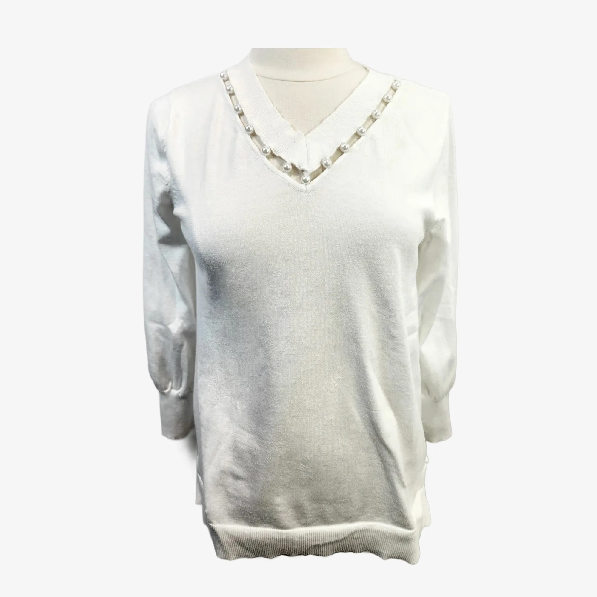 White cotton v-neck sweater with faux pearls, women's M
