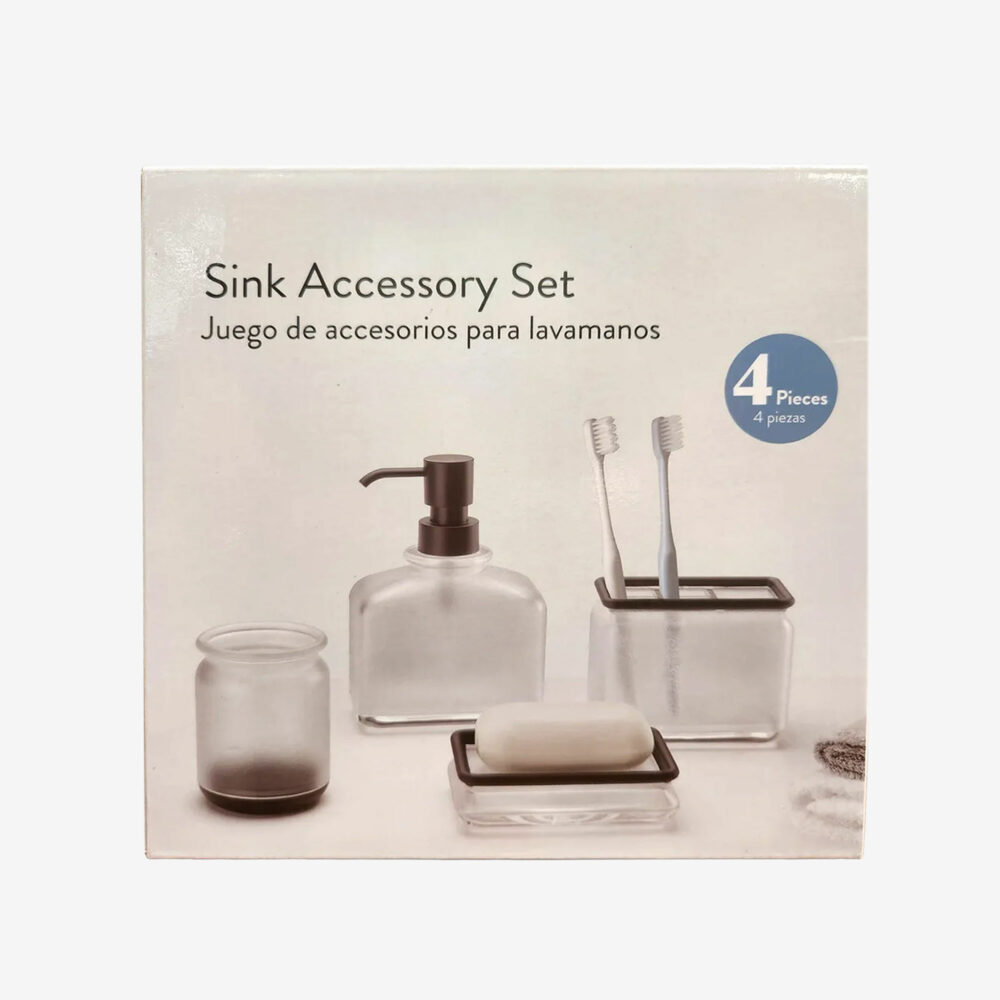Bathroom sink accessory kit - includes soap or lotion dispenser, soap dish, toothbrush holder, small container