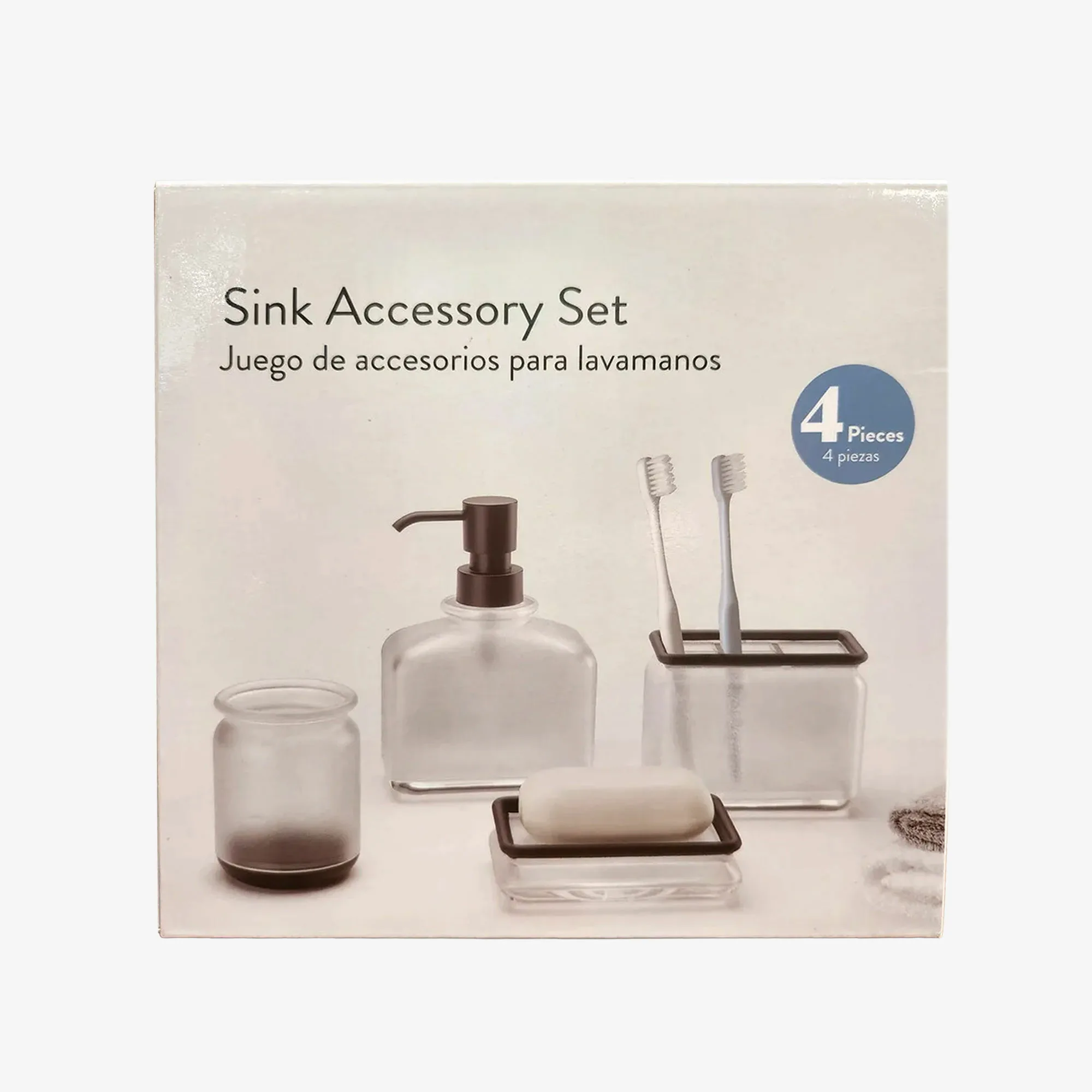 Bathroom sink accessory kit - includes soap or lotion dispenser, soap dish, toothbrush holder, small container