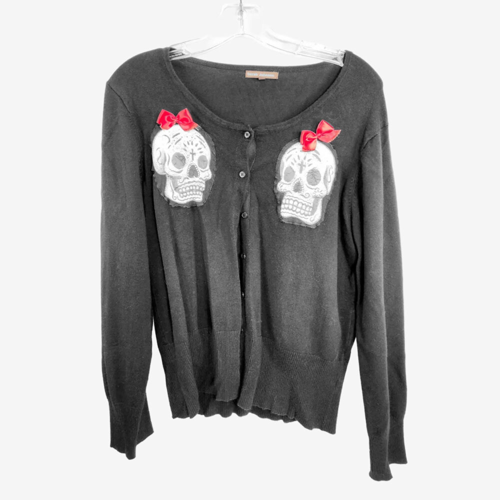 Sara Johnson skulls button down cardigan sweater, black, women's L