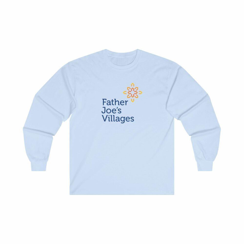 Father Joe's Villages logo, long sleeve t-shirt, light blue