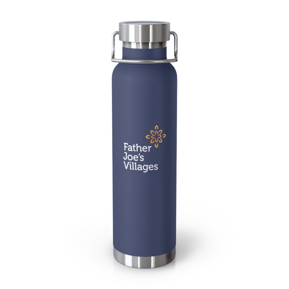 Father Joe's Villages logo 22oz insulated beverage bottle, navy blue