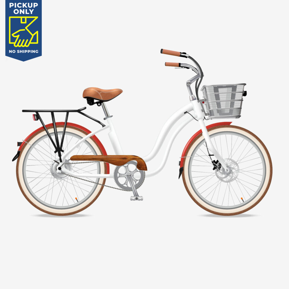 Electric Bike Co., White/Red e-bike with front basket and rear rack