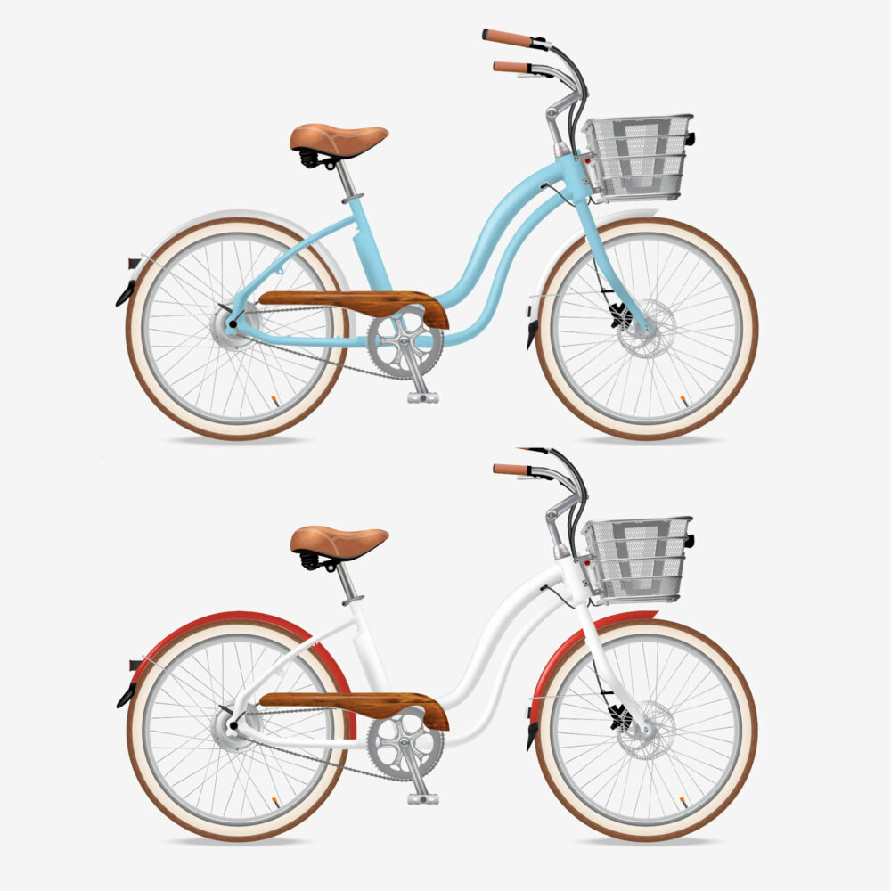 Electric Bike Co, e-bike bundle: step-through cruiser, light blue bike and white bike